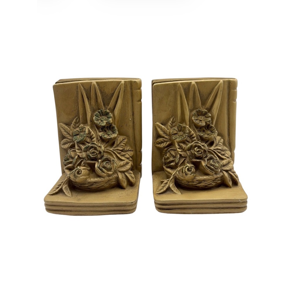 Moody Floral Bouquet Bookends Set Cottagecore Dark Academia Vintage Chalkware
